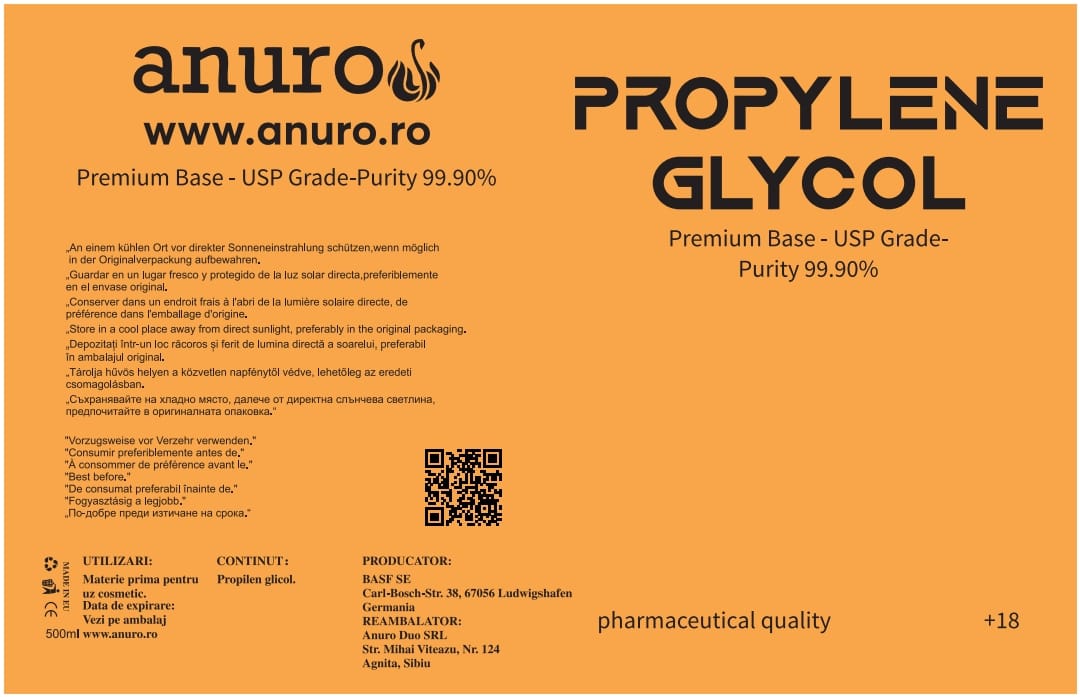 Propilenglicol farmaceutic (PG), puritate 99.90%, Premium base- BASF-USP GRADE-500 ml - Anuro Duo ofera PG cu standard USP, inodor si stabil la un pret imbatabil.- Glikol - Гликол - Glikol -Propilén-glikol - Пропилен гликол - Glikol propylenowy - Propilén glikol -Пропилен гликол - Propylenowy glikol - Propilén-glikol ára - Цена на пропилен гликол -Cena propylenu glikolu - Glikol propilén ára - Цена на пропилен гликол - Cena propylenu glikolu