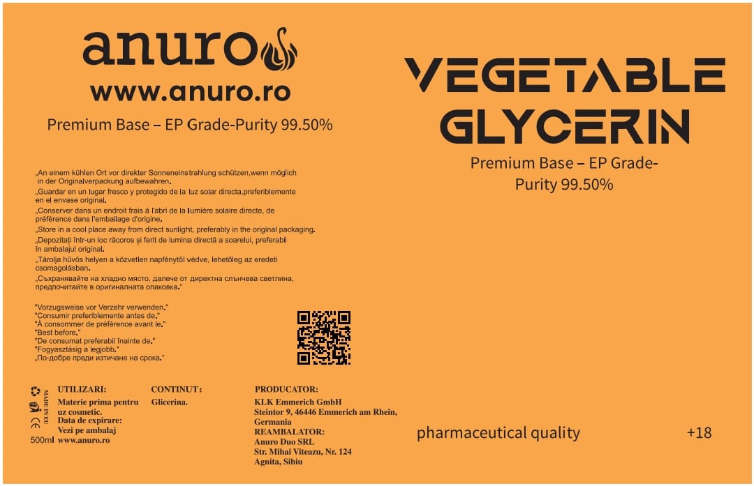 Eticheta glicerină vegetală 500 ml, Premium Base, EP Grade, formulă nouă cu o puritate maxima.