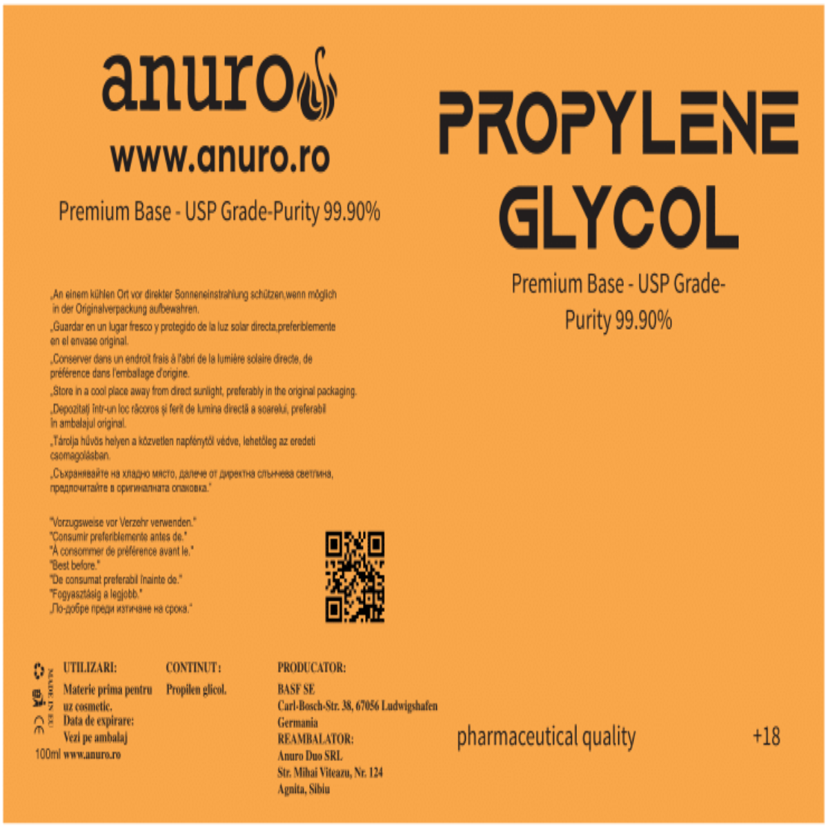 Propilen glicol USP grade, produs de BASF SE, cu o puritate de 99,90%, realizat conform celor mai stricte standarde internaționale de calitate. Noua formulă asigură stabilitate, siguranță și performanță superioară, fiind potrivită pentru utilizări profesionale și personale. Anuro recomanda!